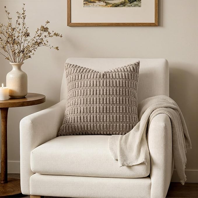 MIULEE Corduroy Decorative Throw Pillow Covers 20x20 Light Brown Pack of 2 | Soft Boho Striped Pillow Covers Modern Farmhouse Fall Home Decor For Sofa Living Room Couch Bed