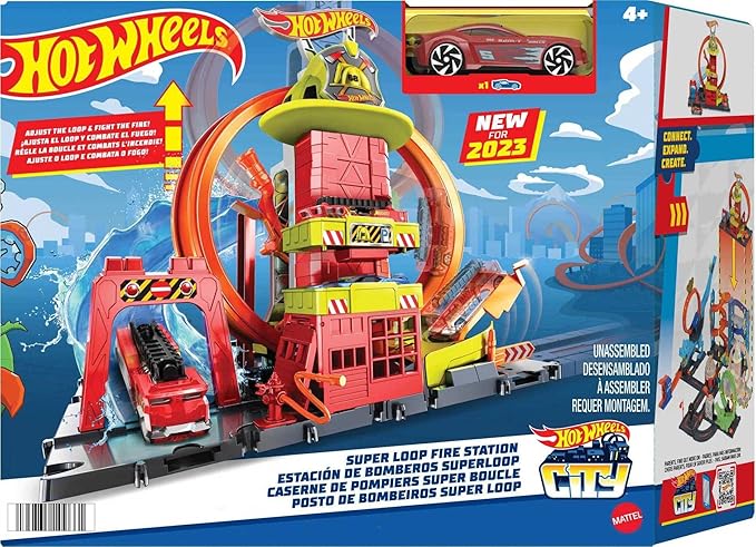 Hot Wheels City with 1 Toy Car, Kid-Powered Elevator, Water-Like Ramp, Track-Play Features, Connects to Other Sets, Fire Station with Super Loop (Amazon Exclusive)