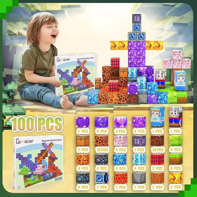 Magnetic Blocks for Kids, 100PCS 1inch Magnetic Building Cube Toys with Mine Sword Theme, Stacking Magnets Construction Toy Birthday Gifts for Boys and Girls Age 3+ Years Old