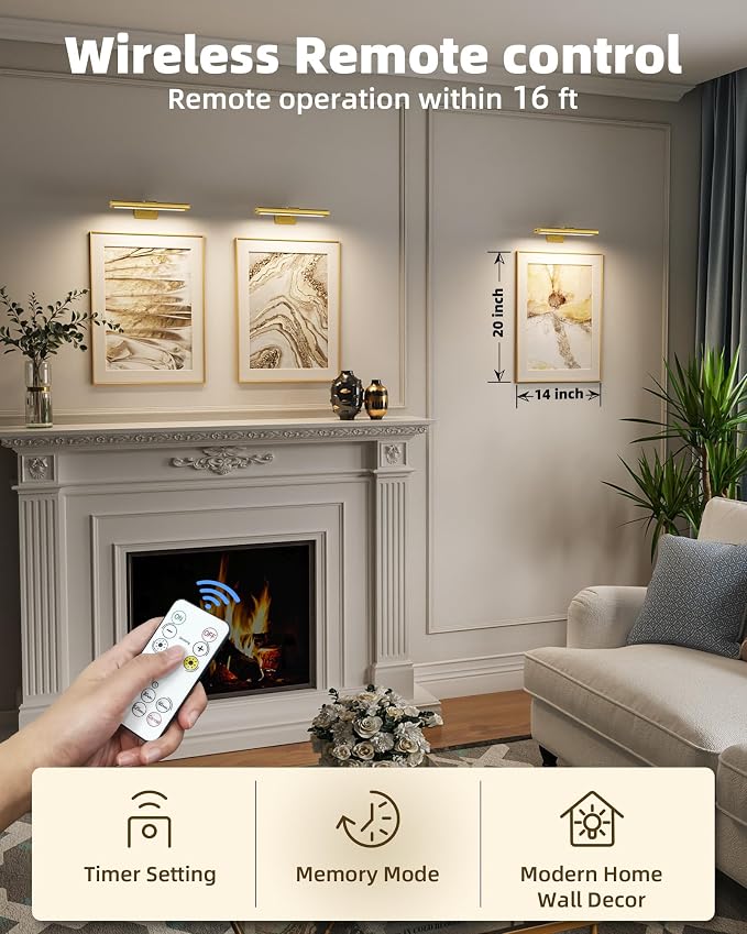 EZVALO Picture Light for Wall, Rechargeable 2400mAh Gold Lights Wireless with IR Remote, 3 Color & Dimmable Magnetic 7.87'' LED Lights Display for Painting, Living Room, Gallery, Bedroom Art(3P)