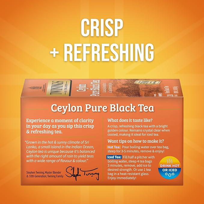 Twinings Ceylon Pure Black Tea Individually Wrapped Bags, 20 Count (Pack of 6), formerly Ceylon Orange Pekoe, Crisp, Refreshing, Caffeinated, Enjoy Hot or Iced, 120 Teabags