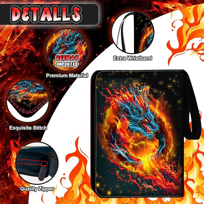 1008 Card Binder 9 Pocket Trading Card Binder with 56 Page 3-Ring Removable Sleeves, High Storage Waterproof Card Holder Collection Card Album Carrying Organizer Case for MTG TCG Cards- Dragon