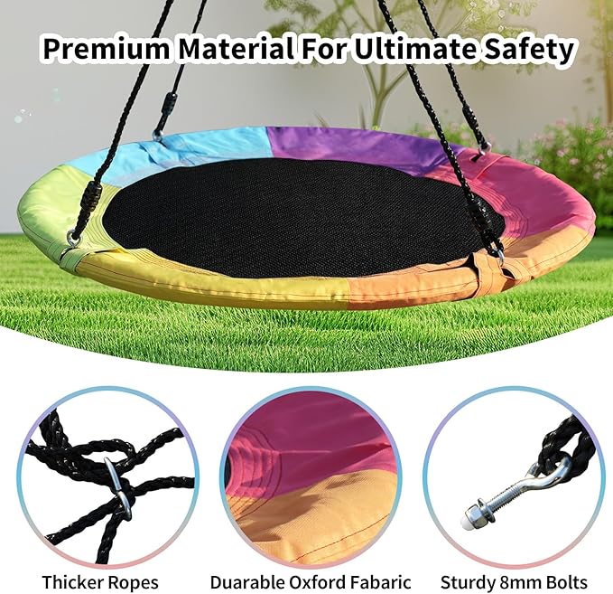40 Inch Saucer Tree Swing for Kids & Adults – Large Round Disc Swing, 700 lb Weight Capacity with Hanging Straps & Adjustable Ropes for Playground, Backyard & Swingset (Rainbow)