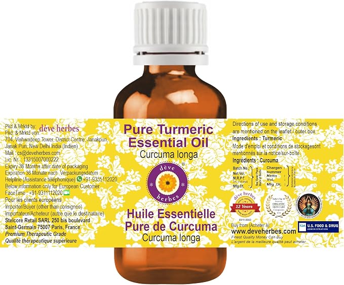 Deve Herbes Pure Turmeric Essential Oil (Curcuma Longa) Steam Distilled 15ml (0.50 oz)
