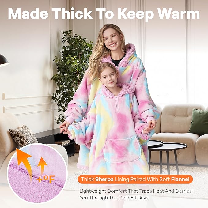 Giggling Getup Wearable Blanket Hoodie for Girls and Boys Warm Cozy Sherpa Fleece Hooded Blanket Sweatshirt Oversized Hoodie with Giant Pocket & Sleeves for Kids Cotton Candy Tie Dye