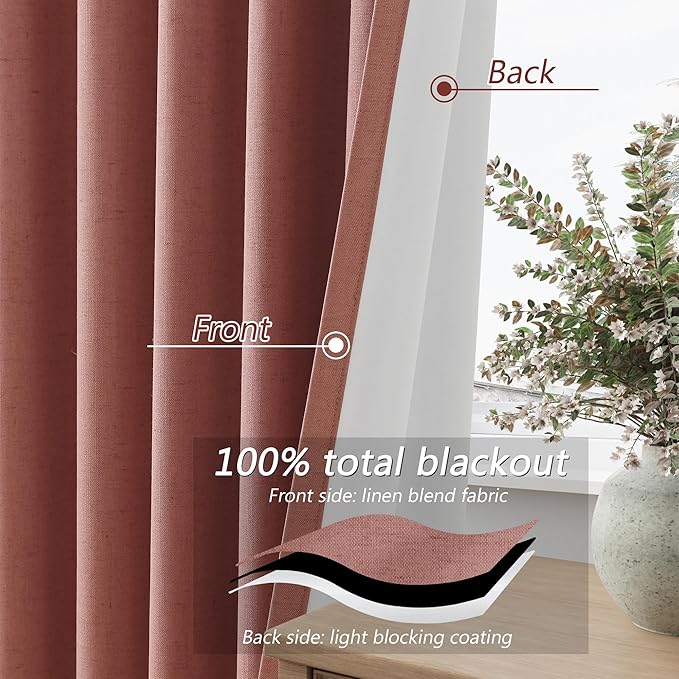 Guken 100% Blackout Curtains 96 Inch Length 2 Panels Set for Girls Bedroom Back Tab Thermal Insulated Black Out Linen Drapes Room Darkening Window Curtains 96 Inches Long,Dusty Rose