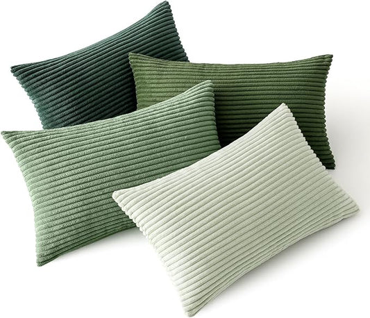 MIULEE Soft Corduroy Decorative Lumbar Pillow Covers Forest Green 12x20 | Set of 4, Mordern Nordic Home Decor, Green Gradient Matching, Boho Farmhouse Throw Pillows for Couch Bed Sofa Living Room