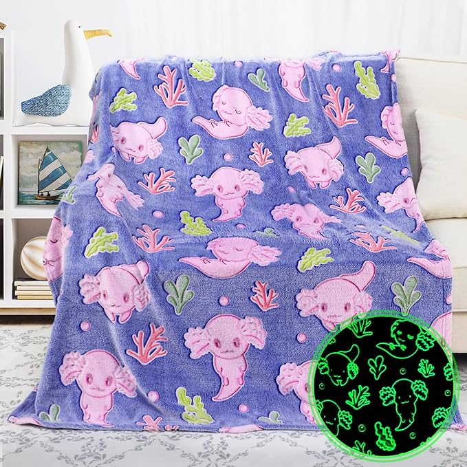 Cute Axolotl Blanket Glow in The Dark Blanket Axolotl Gifts Toys for Girls Birthday Axolotl Room Decor 60"x80"