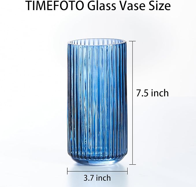 7.5 inch Blue Glass Flower Vase for Pampas Grass, Medium Decorative Centerpiece Ribbed Vase for Dining Table, Office Desktop, Shelf Bookshelf, Mantel, Entryway, Bathroom, Countertop,Gift