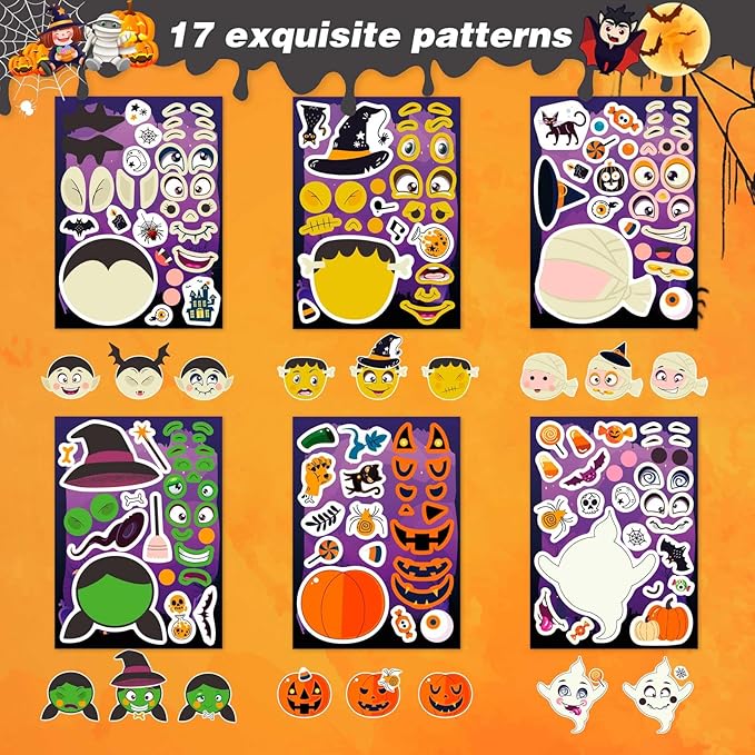 24 PCS Make-a-face Halloween Sticker Make Your Own Halloween Character Mix and Match Sticker with Vampire, Witch, Mummies Zombies, Ghost and Pumpkin Trick or Treat Halloween Goodie Bag Fillers