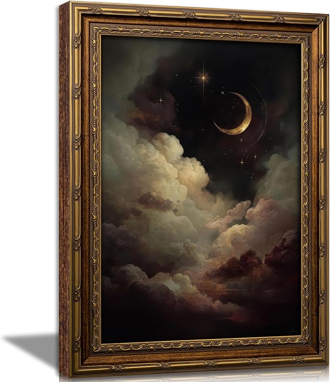 Vintage Gold Framed Celestial Wall Art, Moody Moon and Stars Gothic Painting Canvas Print, Dark Academia Wall Decor,Mystical Celestial Poster Artwork, for Living Room Bedroom Bathroom