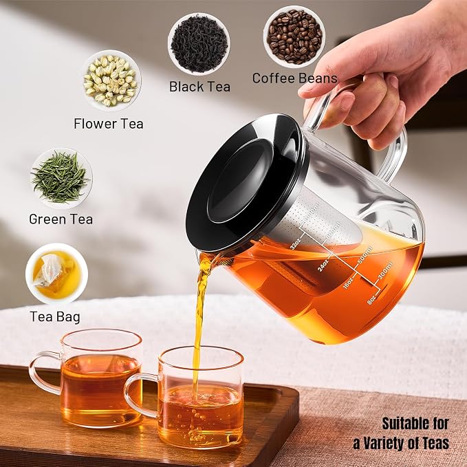 PARACITY Glass Teapot Stovetop 33OZ, Borosilicate Clear Tea Kettle with Removable 18/8 Stainless Steel Infuser, Teapot Blooming and Loose Leaf Tea Maker Tea Brewer (transparent-scale, 34oz)