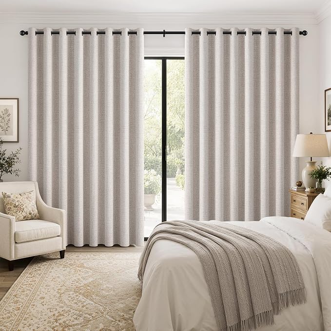 MIULEE Extra Wide 100% Blackout Curtains for Sliding Glass Doors Linen Textured W100 x L96 inch Panel Ivory Thermal Insulated Grommet Room Darkening Drapes for Patio Living Room Bedroom, 1 Panel Set