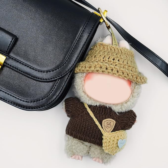 Clothes for Lububu(Not Doll), 3-Piece Brown Plush Doll Outfit Include Hat Sweater Bag, Cute Dolls Outfit Accessories for 6.7in Dolls (Brown)