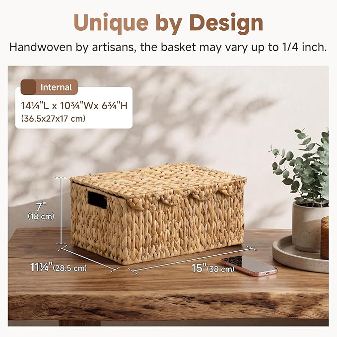 StorageWorks Scalloped Wicker Basket with Lid, Woven Water Hyacinth Basket | Rattan Storage Baskets with Scalloped Edge, Basket with Lid Decorative Storage, Woven Wicker Basket for Living Room, Bedroom