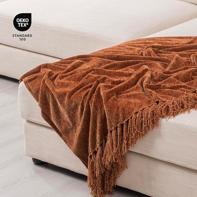 RECYCO Throw Blanket Soft Cozy Chenille Throw Blanket with Fringe Tassel for Couch Sofa Chair Bed Living Room Gift (Rust, 50" x 60") | Super Soft Knit Throw Blanket with Fringe Tassels, Lightweight Knitted Throw, Cozy, Ideal for Sofa Chair Bed Living R...