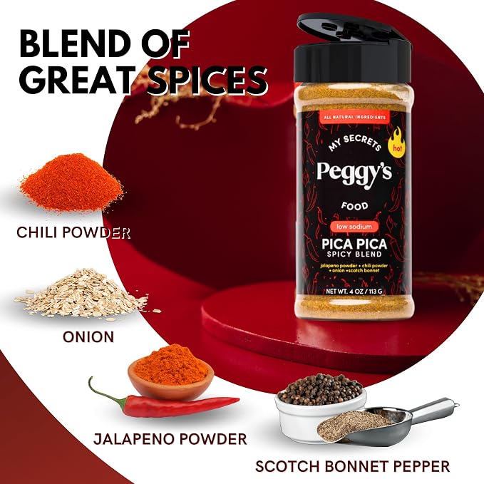 My Secrets Peggy's Food Pica Pica Spicy Blend - Premium Gourmet Seasoning with Jalapeño, Chili, and Scotch Bonnet Pepper - All-Purpose Heat for Grilling, Tacos, and Roasted Vegetables - 4 oz