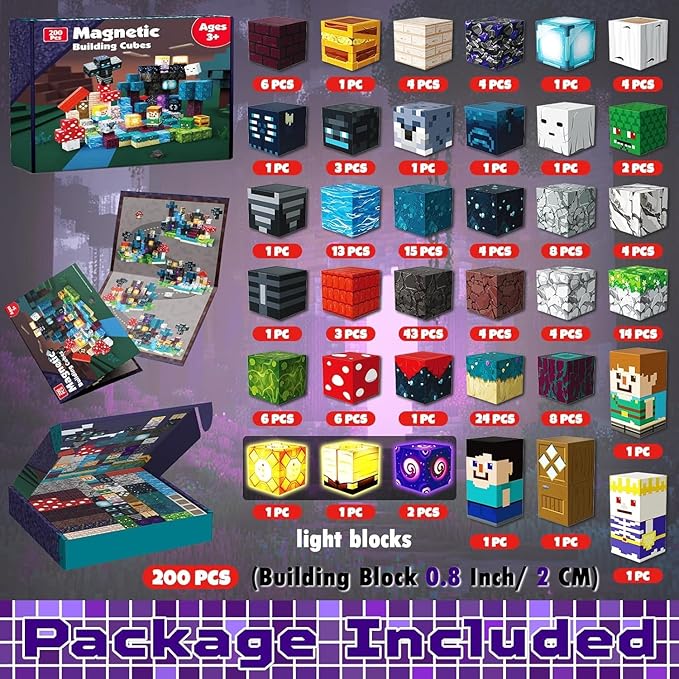 200PCS Magnetic Blocks with Light Up Blocks - Magnetic Building Blocks, Magnetic Cubes STEM Sensory Learning Toys for Kids, Birthday Gifts for Boys and Girls Ages 3+