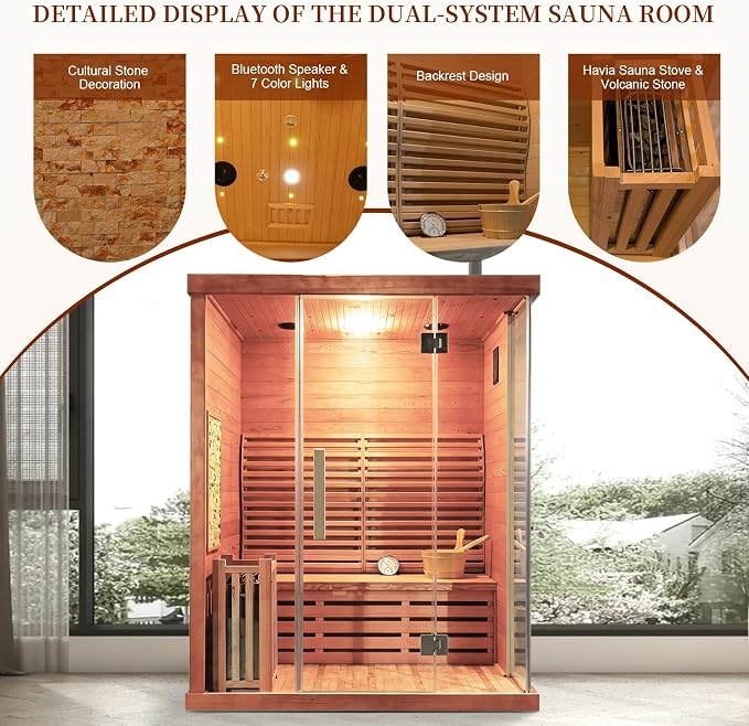 Smartmak Wood Home Traditional Steam Sauna, Wifi Control 4 Person Luxurious Indoor Canadian Red Cedar Wooden Spa Room, with 6 kw Heater, Backrest, Bluetooth Speaker, Rocks, Water Bucket, Spoon, Lights