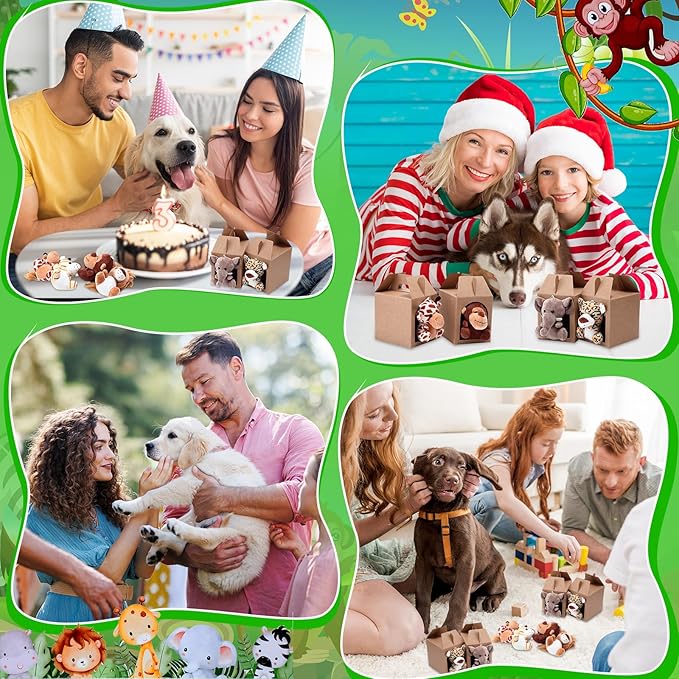 84 Pcs Adopt a Pet Party Favors 24 Mini Plush Stuffed Animals 10 White Plastic Fence 24 Paper Gift Boxes 24 Adoption Cards with Mini Chalkboard and Artificial Lawn(Safari Animals)