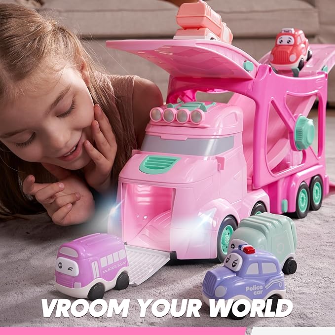 Vroomix Extra Large Toy Trucks for Toddlers, 3-Layer Princess Pink Trucks for Girls, 7-in-1 Big Carrier Truck with Siren & Lights and 6 Toy Cars, Christmas Birthday Gifts for Girls