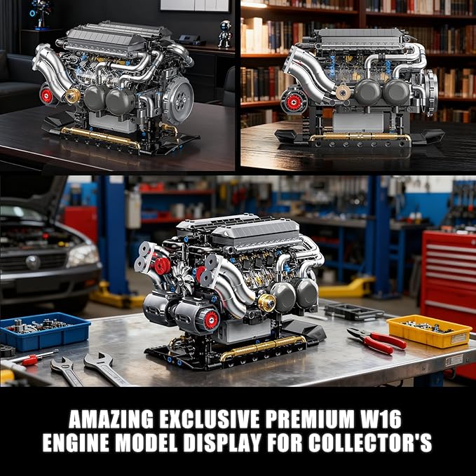 W16 Engine Building Blocks Set for Adults, STEM Mini 16-Cylinder Engine Model Kit that Runs, Compatible with Lego Car, DIY Physical Science Experiment Toy for Teens Boys 8-14+ (801 PCS)