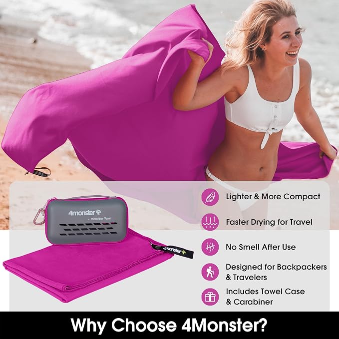 4Monster Quick Dry Travel Towel with Case & Carabiner – Super Absorbent Microfiber Gym & Camping Towel. Compact, Lightweight, Fast Drying for Beach, Swimming, Hiking, Backpacking