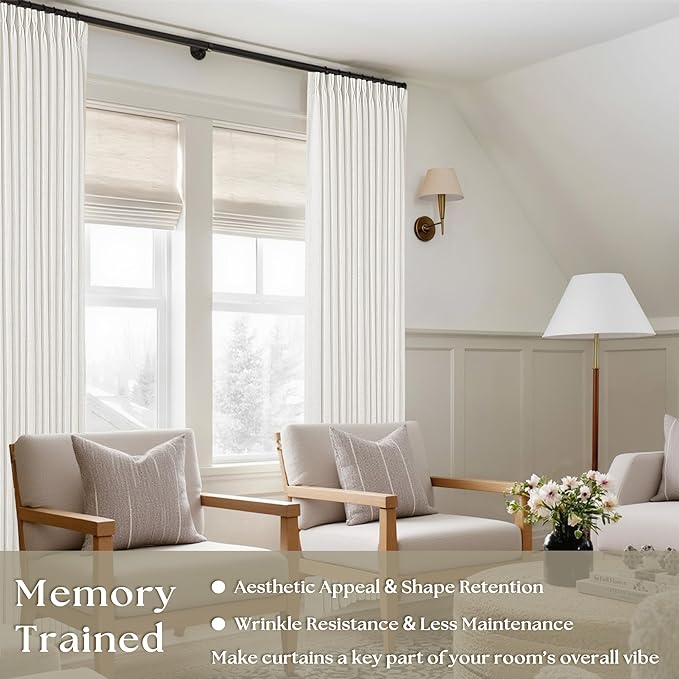 Pinch Pleated Linen Curtains 126 Inches Long for Living Room Bedroom Light Filtering Modern Neutral Window Drape 126 Inch 2 Panels Set with Hooks Rings Extra Long Semi Sheer Curtain Beige White