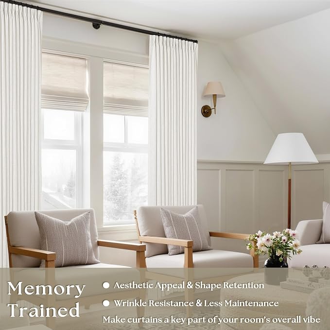 Pinch Pleated Linen Curtains 112 Inches Long for Living Room Bedroom Light Filtering Boho Window Drape 112 inch 2 Panels with Hooks Ring Beige White Ivory Sliding Glass Door Semi Sheer Curtain