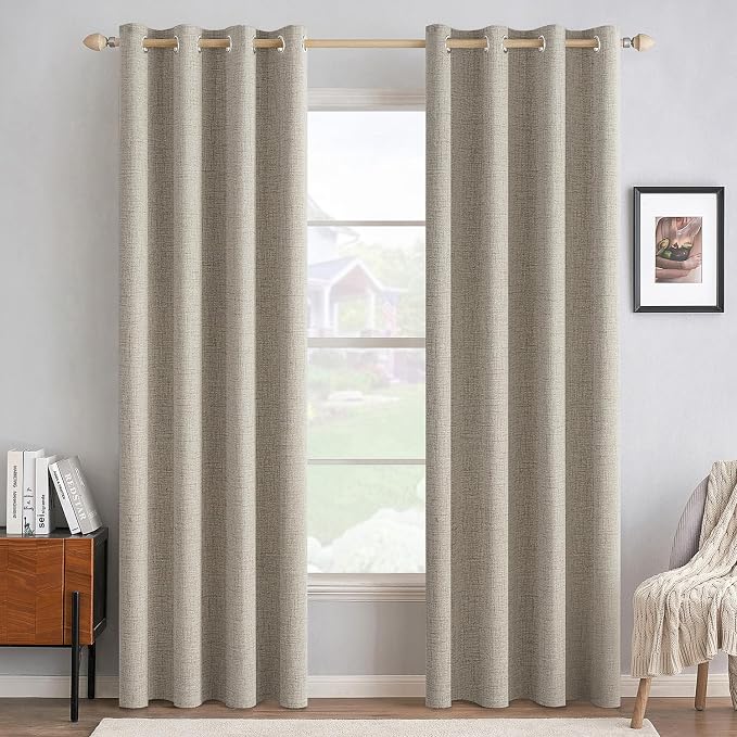 MIULEE 100% Blackout Linen Textured Curtains for Bedroom Solid Thermal Insulated Pebble Taupe Grommet Room Darkening Curtains & Drapes Luxury Decor for Living Room 52 x 108 Inch (2 Panels)