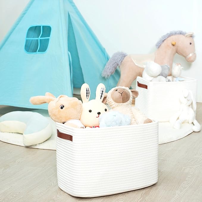 3-Pack Decorative Woven Storage Baskets for Shelves, Cube Bin Box for Organizing Books, Shoes, Dog Toys, Pantry Closet and Living Room Organizer, Creamy White