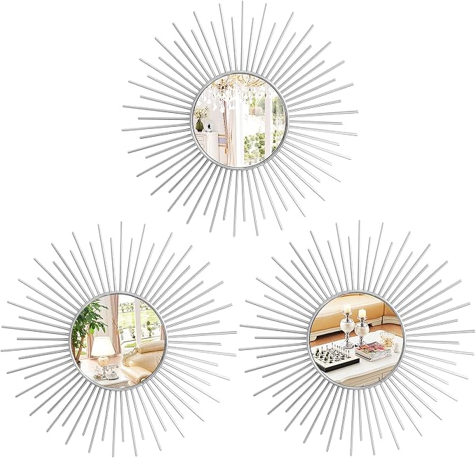 3 Pack Metal Mirrors for Wall Sunburst Wall Mirrors Home Décor Decorative Hanging Wall Art for Living Room Bedroom Entryway (Silver2, Sunburst)