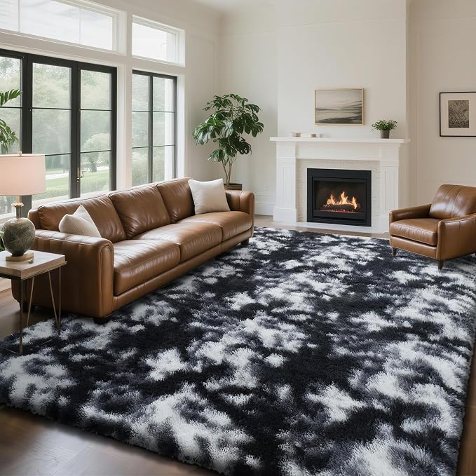 yongyangjuxin Fluffy Rug Shag Area Rug, Mottling Black 8x10 Area Rugs for Living Room, Large Shag Area Rugs for Bedroom Room Home Decor, Upgrade Anti-Skid Rectangular Fuzzy Rugs