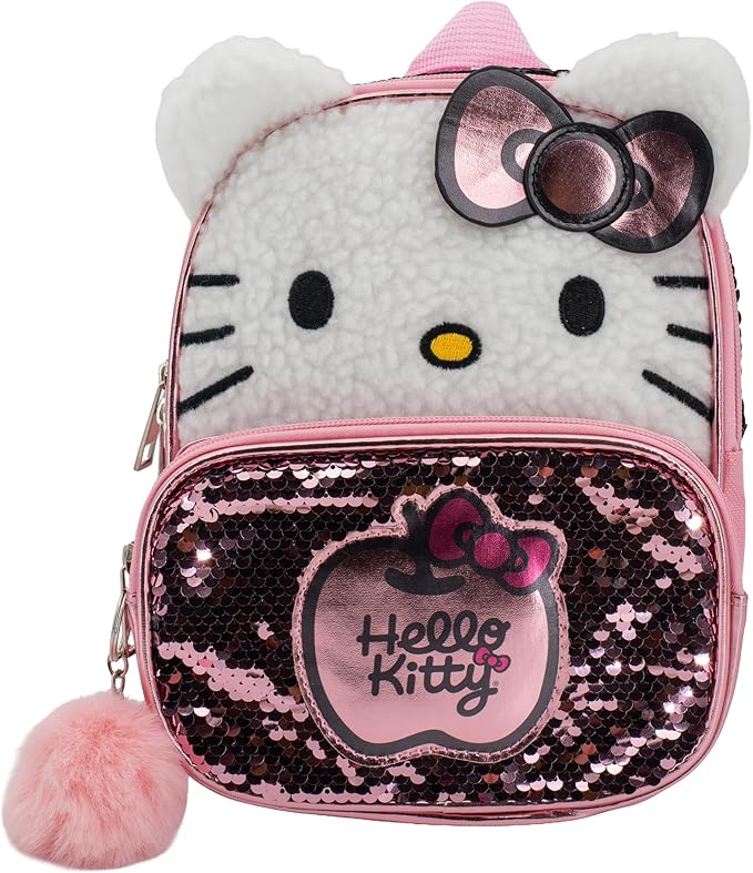 AI ACCESSORY INNOVATIONS Hello Kitty 9” Micro Mini Backpack Purse Featuring 3D Ears & Bow, Sherpa & Sequin Material, & Pompom Dangle, Pink