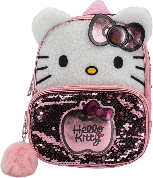 AI ACCESSORY INNOVATIONS Hello Kitty 9” Micro Mini Backpack Purse Featuring 3D Ears & Bow, Sherpa & Sequin Material, & Pompom Dangle, Pink