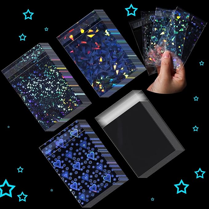 Tinlade 200 Pcs Laser Flashing Kpop Holographic Photo Card Sleeves Little Star Heart Glass Gemstone Transparent Trading Cards Sleeves 2.6 x 3.5 Inches