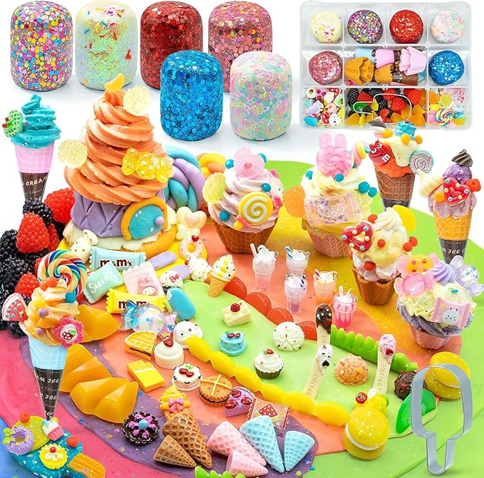 SIMPLIPLAY Ice Cream Sensory Dough Kit, 6 PCS 18oz Glitter Doughs with Accessories(120 Pcs+), Soft Clay Ice Cream Toys with Cone, Mold, Fruit Pieces, Christmas Birthday Gift for Girls Age 3 4 5 6