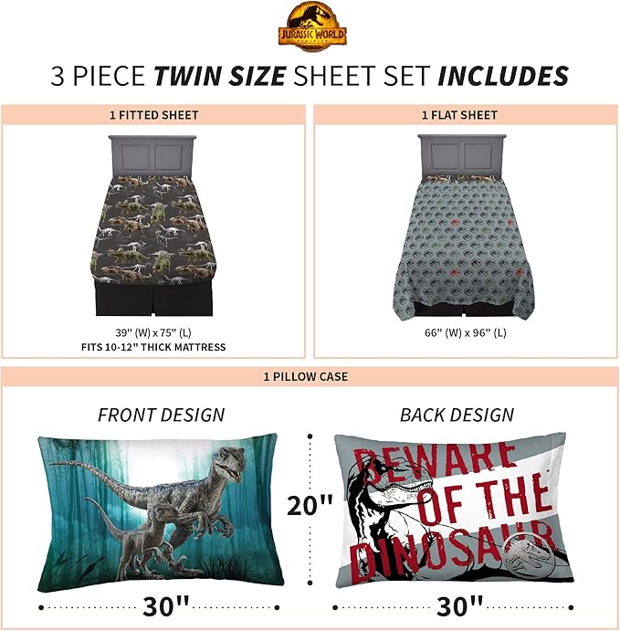 Franco Kids Bedding Super Soft Microfiber Sheet Set,3pcs, Twin, Jurassic World Dominion