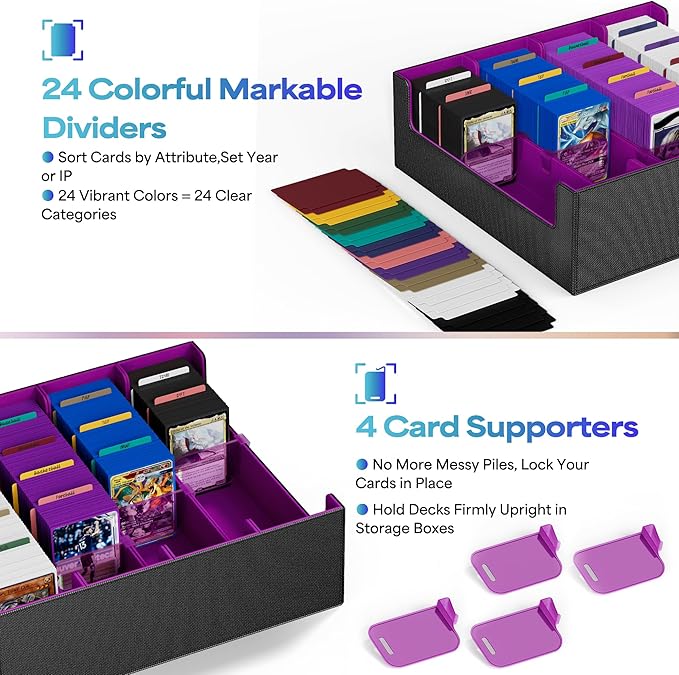 UAONO Trading Card Storage Box, Holds 2400 Sleeved Cards with 24 Dividers & 4 Stoppers, Magnetic Closure PU Leather Card Case for MTG, PTCG, YGO, Sports Cards (Black&Purple)