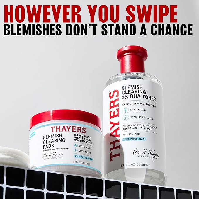 Thayers Blemish Clearing Acne Pads, Salicylic Acid Acne Treatment for Face, Pore Reducing, Exfoliating, and Soothing Skincare, Witch Hazel Toner Pads, 60 Ct