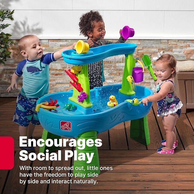 Step2 Rain Showers Splash Pond Water Table, Kids Water and Sand Activity Sensory Playset, Summer Outdoor Toys, 13 Piece Water Toy Accessories, For Toddlers 1.5+ Years Old, Blue & Green