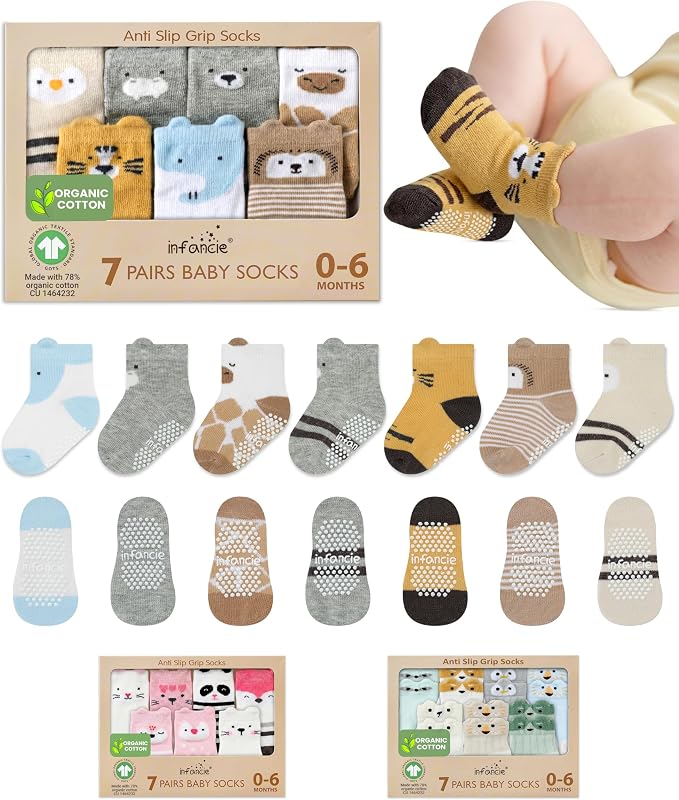 Organic Cotton GOTS Certified Non-Slip Baby Socks 0-6 Months - 7 Pairs Soft Breathable Newborn Socks Animal Design For Infant