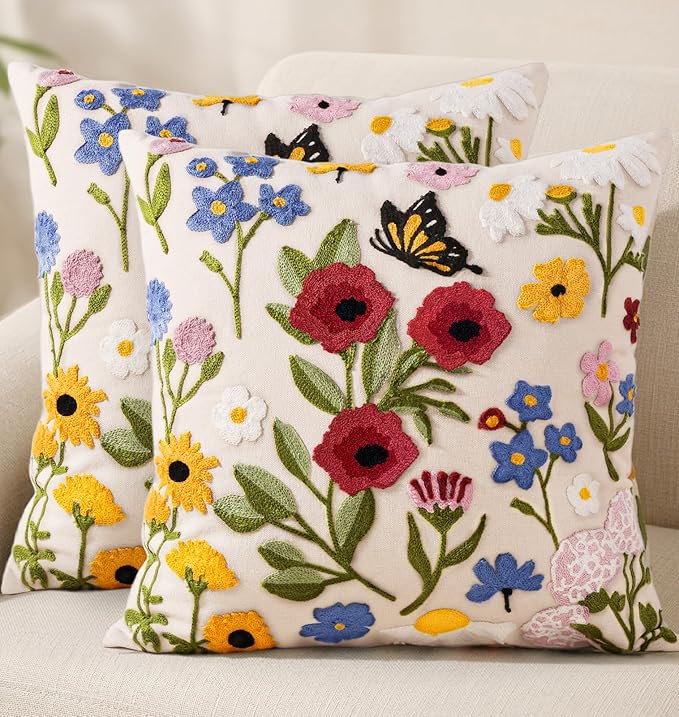 Embroidered Throw Pillow Covers 18x18 Inch, 2Pack, Retro Flower | Decorative Pillow Covers Set of 2, Vintage Boho Cushion Cases with Hidden Zipper, Floral Decor for Couch, Sofa, Living Room