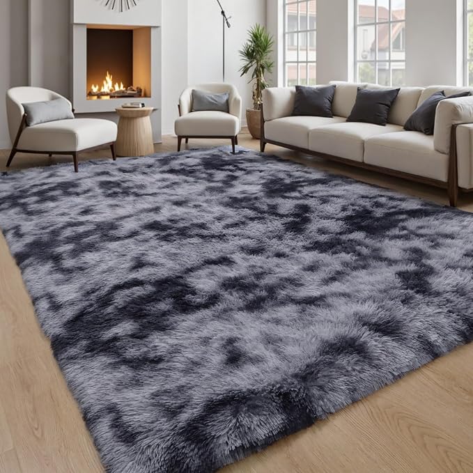 Grey Fluffy 8x10 Area Rug, Tie-Dye Dark Gray Soft Washable Shag Carpet | Cute plush fuzzy rug for bedroom, living room, kids room, nursery, baby, and toddler