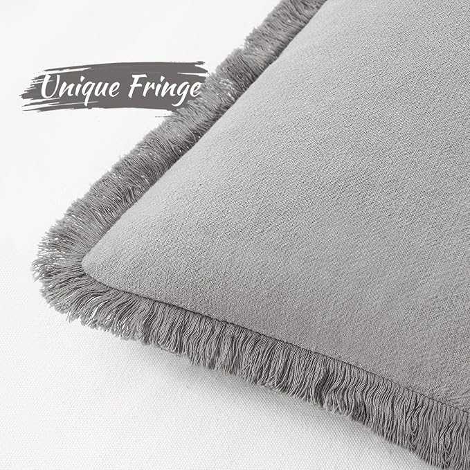MIULEE Linen Fringe Decorative Euro Throw Pillow Covers Light Grey 24x24 | Set of 2, Cottagecore Decor, Boho Farmhouse Neutral Pillow Covers, Rustic Couch Cushion Cases for Sofa Bed Living Room