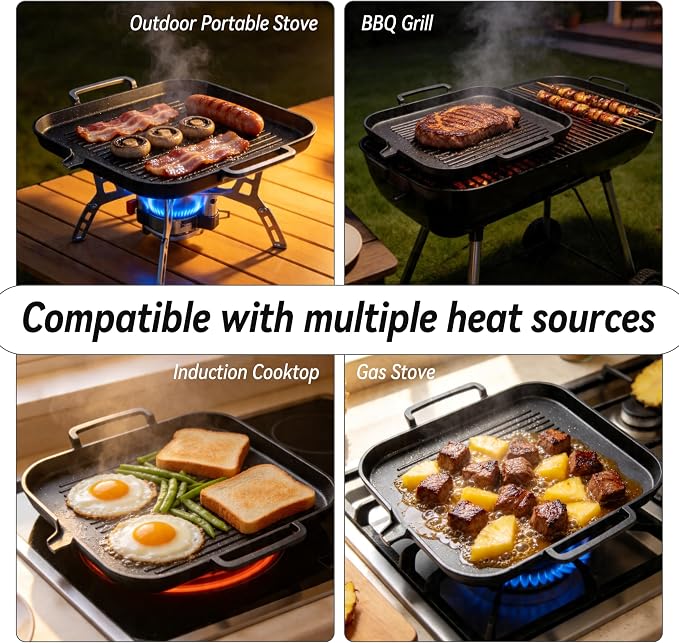 Nonstick Korean BBQ Grill Pan, Square | Marble nonstick square griddle for 3-5, fits gas,induction,stovetop, oil drain, gloves, easy clean BBQ, indoor