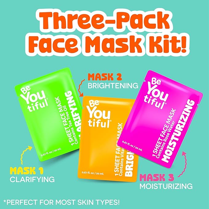 BeYoutiful Hydrating Easter Face Mask Spa Set for Kids and Teens, Easter Basket Stuffers, Skin Care Facial Mask for All Skin Types, Girls and Boys, Box Includes 3 Masks, Easter Gifts for Kids