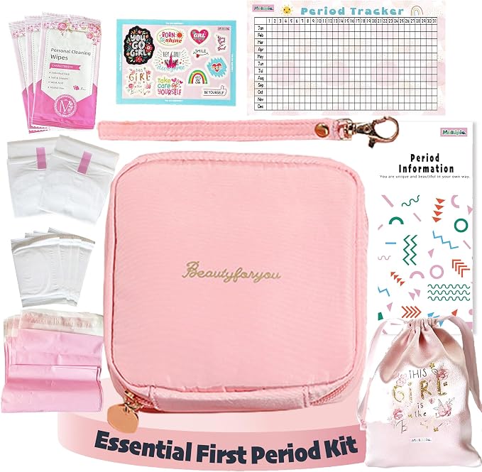 Essential First Period Kit for Girls 10-12 | Period Bags for Teen Girls for School | First Period Gift with Sanitary Pad Storage Bag, Wipes, Period Tracker and More(Pink)