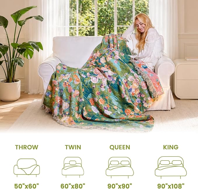 MSGKV Boho Throw Blanket 60"x80" Cotton Floral Twin Blanket for Bed & Couch | Twin Size Cotton Throw, Muslin Blanket, Summer Breathable, Lightweight Comfort, Farmhouse Decor, Machine Washable