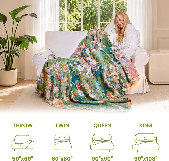 MSGKV Boho Throw Blanket 50"x60" Cotton Floral Muslin Blanket for Sofa | Cotton Floral Throw, Muslin Blanket, Summer Lightweight, Breathable Comfort, Farmhouse Decor, Couch Throw, Machine Washable